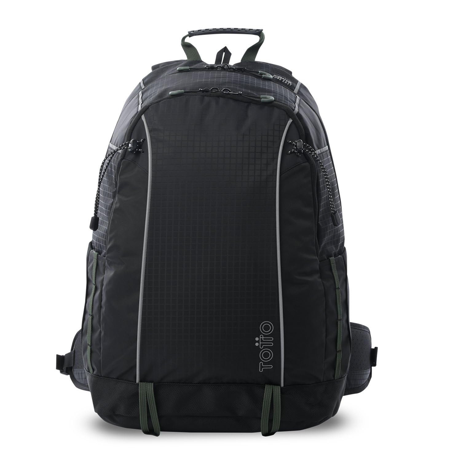 TOTTO - Mochila Senderismo, Modelo Summit 32, Capacidad 35L, Espaldar Acolchado con Flujo de Aire, Detalles Reflectivos, Bolsillo Botella, Bolsa Impermeable, Repelente a Líquidos, Color Negro y Verde