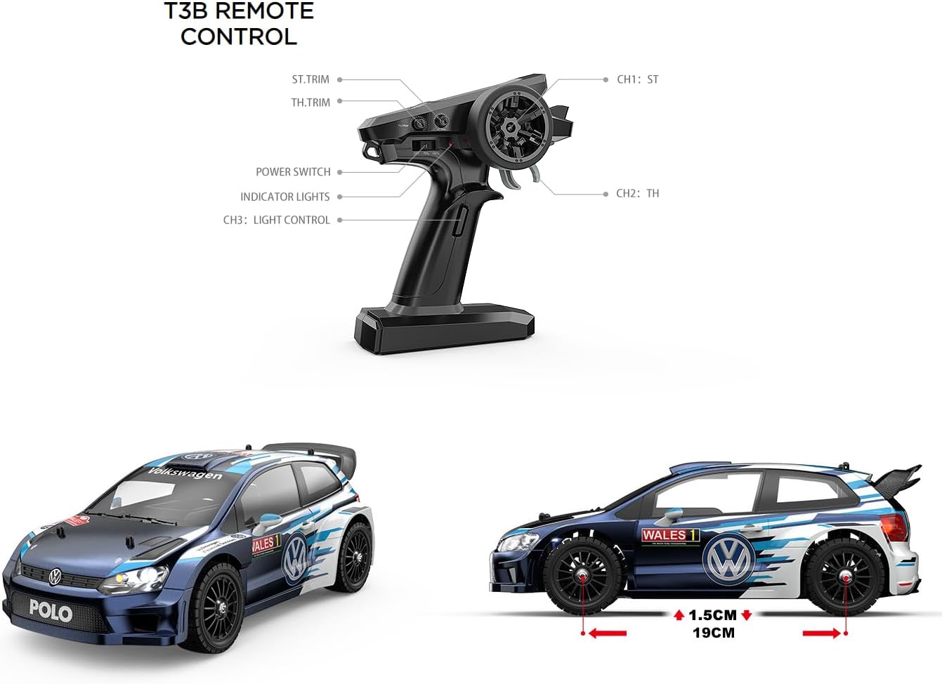 Diagram of the T3B remote control showing labels for ST.TRIM, TH.TRIM, Power Switch, Indicator Lights, CH1: ST, CH2: TH, CH3: Light Control.