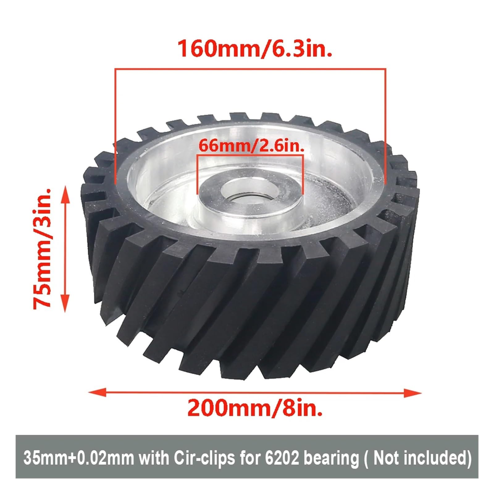 Roue de contact en caoutchouc dentelée 200 x 75 mm, équilibrée dynamiquement, for ponceuse à bande(6004 installed 20,Medium 70A)