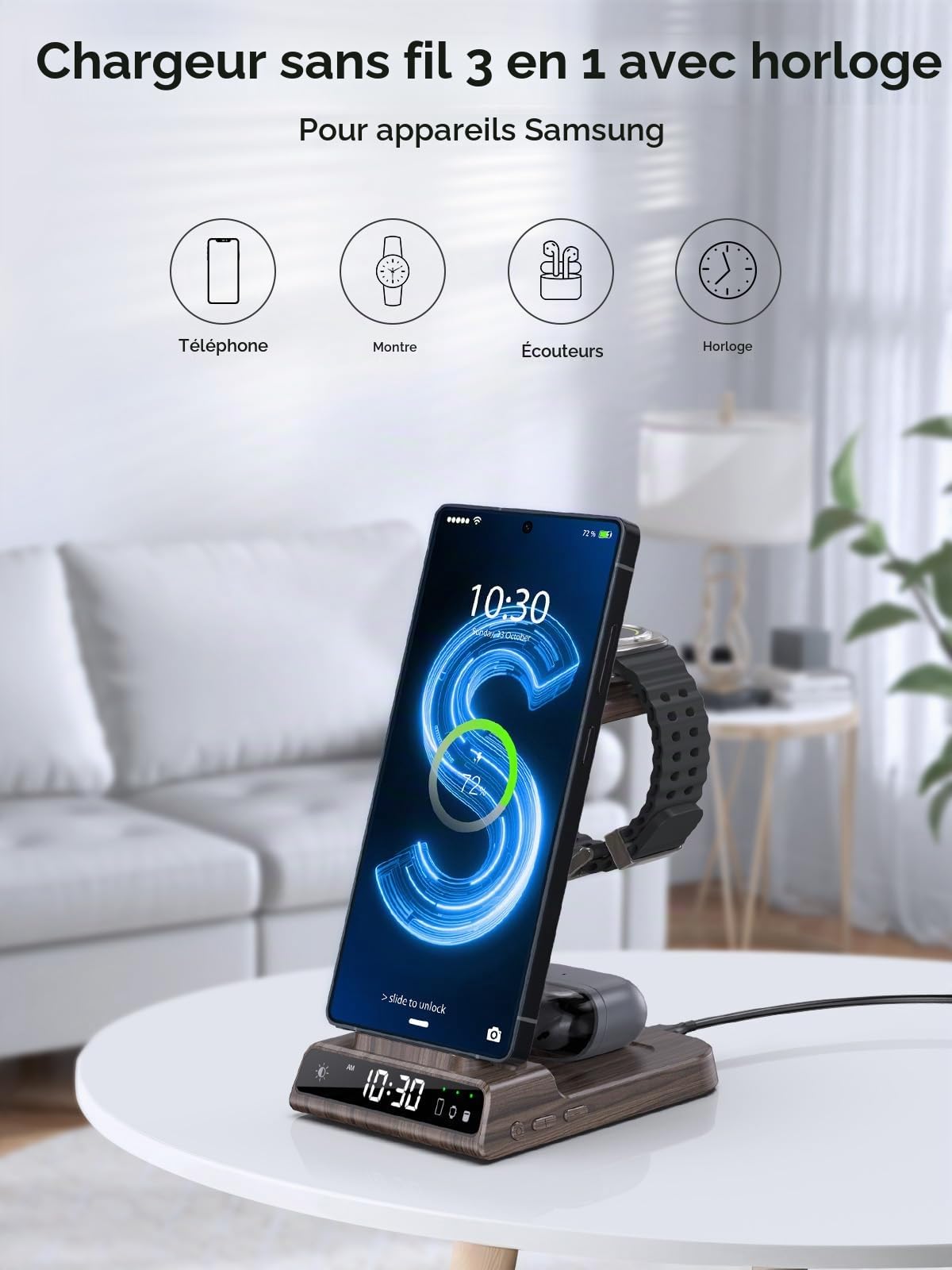 Chargeur Induction Fil pour Samsung Galaxy S25 Ultra/S24, Chargeur sans Fil avec Horloge numérique pour Samsung Galaxy Watch 8/7/6, Wireless Charger pour Galaxy S23, Z Fold 7, Buds (Grain de Bois)