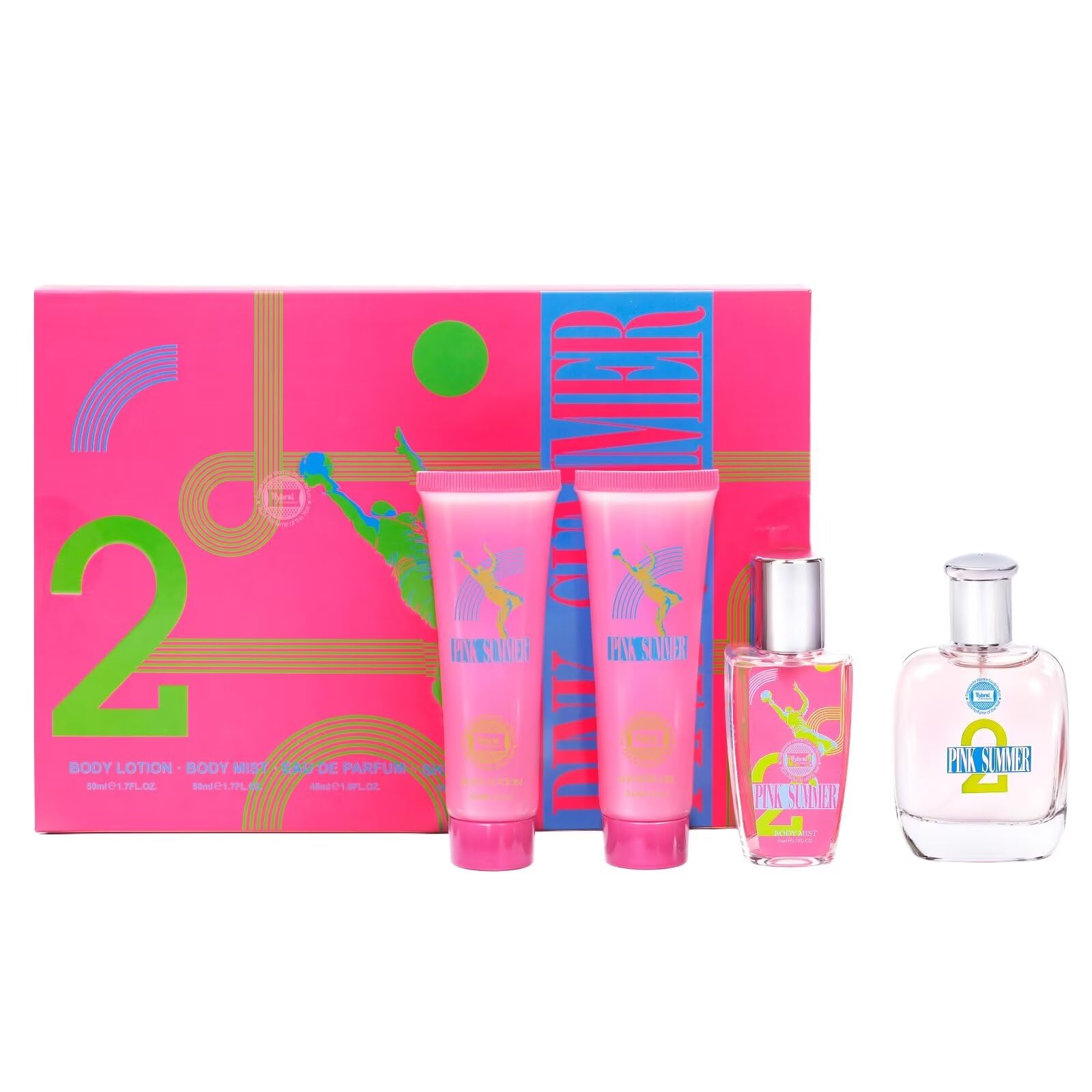 Hybrid & Company Pink Summer 4-Piece Gift Set for Women, 1.5 Fl.Oz Perfume, 50ml Body Lotion, Mist, Shower Gel