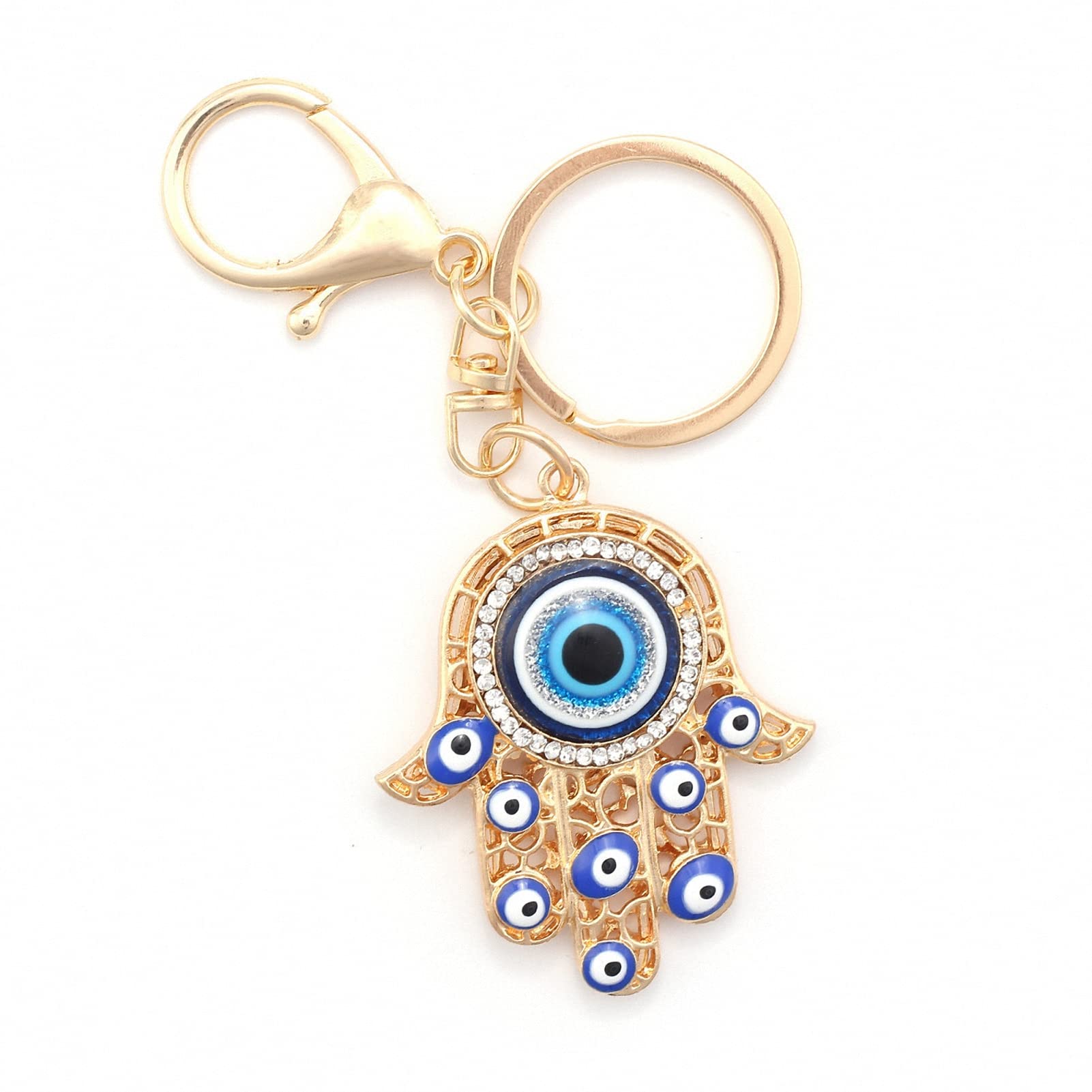 Giwotu Women's Gold 2 Evil Eye Keychain Ring Fatima Hamsa Hand Crystal Rhinestones Resin Lucky Nazar Amulet Palm For Men Car Keys Bag, One Size