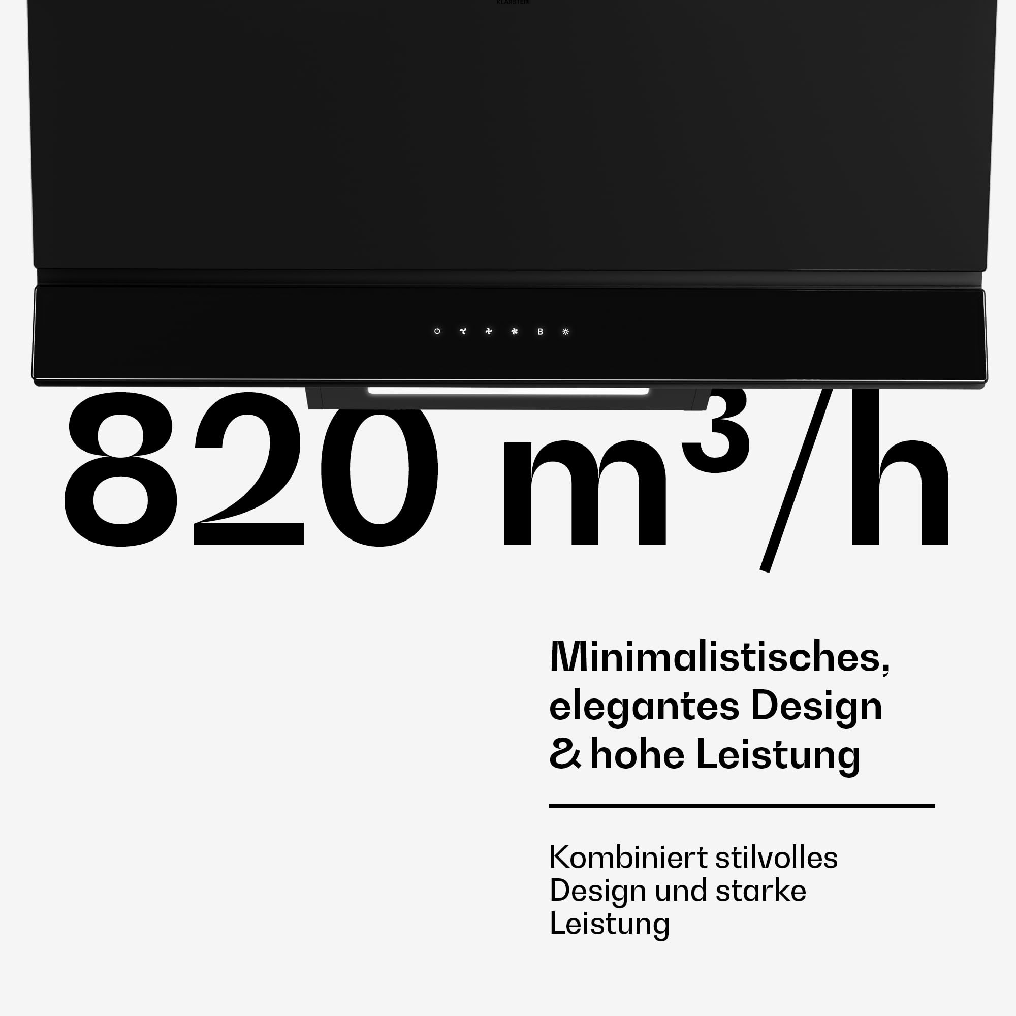 Klarstein Velaire Dunstabzugshaube 90 cm - Kopffreihaube, 820 m³/h Boost, A++ Energieeffizienz, Touch-Bedienung, LED, leise, Aluminium- & Aktivkohlefilter, Abzugshaube Küche, Schwarz