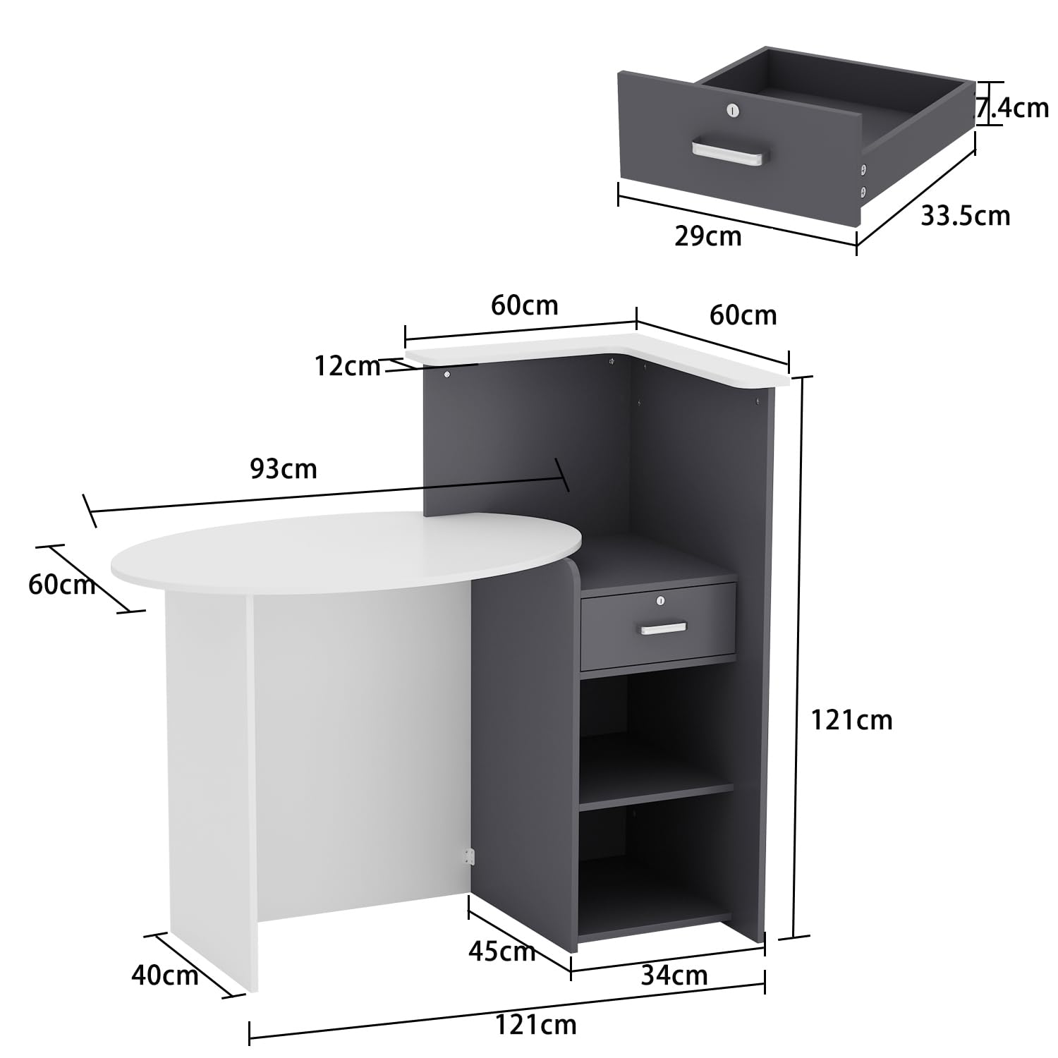 Banco di benvenuto, bancone reception, bancone di accoglienza con superficie di archiviazione aperta e 1 cassetto con serratura a chiave, motivo Patchwork, 40 x 121 x 110 cm, colore: Nero e
