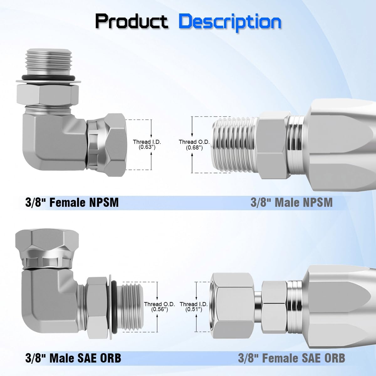 3/8" Female NPSM Swivel to 3/8" Male SAE ORB 90° Elbow Adapter, 6901-06-06