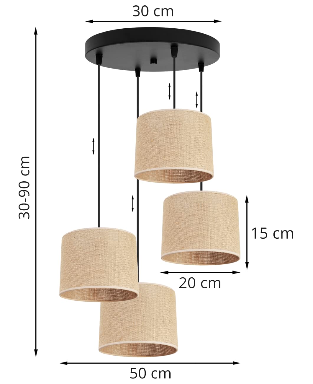 Light-Home Juta Lampara de Techo Colgante - Lampara de Techo Modernas - de Metal con Pantalla de tela - E27 - OV 4-Luce 20 cm - Negro Base y Yute