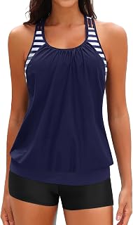 Yonique Women Blouson Tankini Swimsuit Athletic Two Piece Strappy T-Back Bathing Suit Blue S Price In India