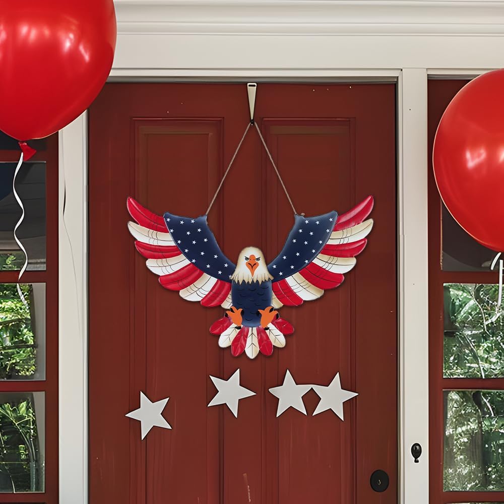 DECSPAS 4th of July Decorations, 22'' Metal 250th Anniversary Fourth of July Patriotic American Eagle Wall Art, Memorial Day Wreaths for Front Door, Handmade Hanging Craft for Home Mantel Indoor Decor