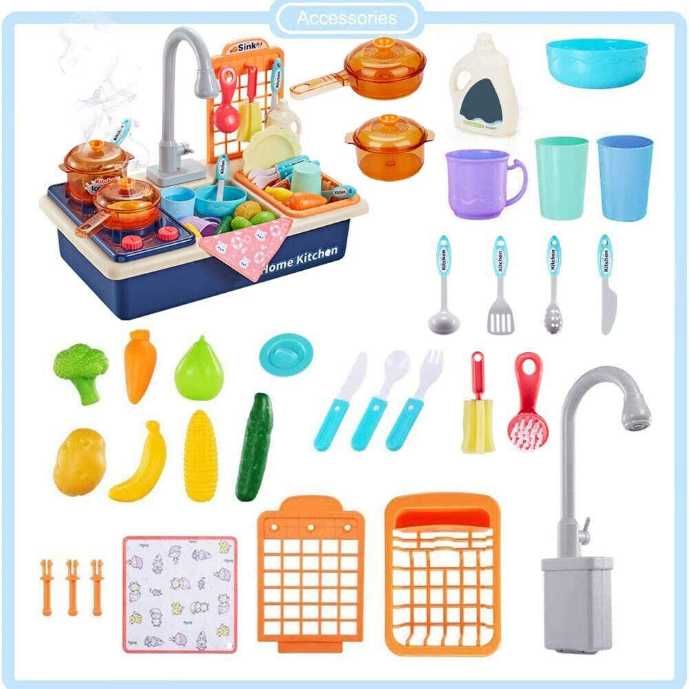 Ensemble de Jouets pour évier de Cuisine pour Enfants avec Eau Courante, 28pcs évier Lavage Faisant Semblant de Jeu de rôle casseroles en Plastique Alimentaire Mini Accessoire
