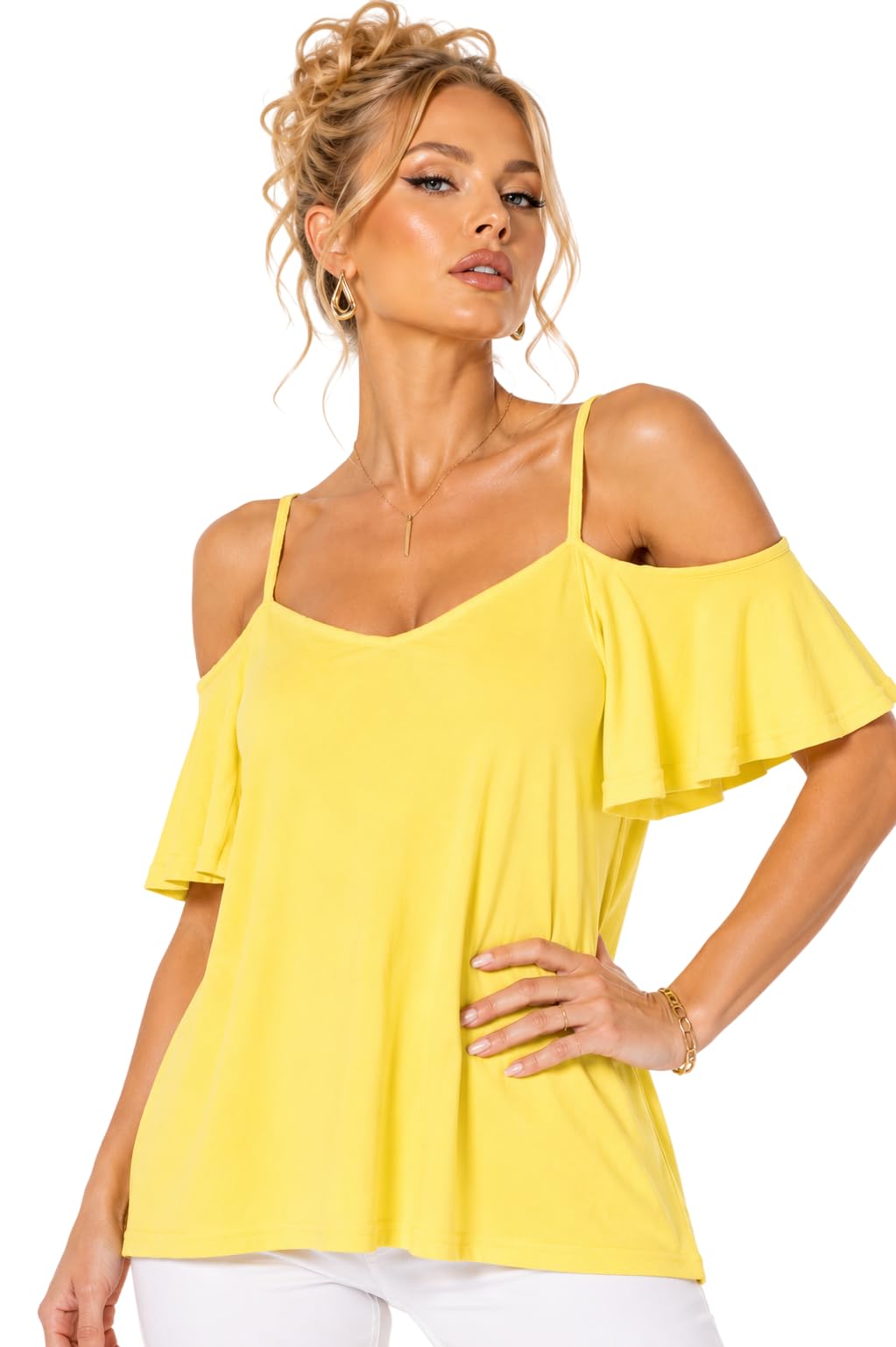 Eyecatch Women's Yellow Eye Catch ’S Cold Shoulder Swing Top Uk 8-24 Plus Size | Floaty Frill Sleeve Tunic Blouse | Summer Holiday Evening Top