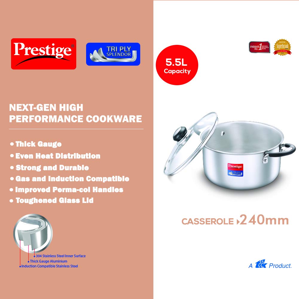 Prestige 24cm/5.5L Tri-Ply Stainless Steel Splendor Casserole with Glass Lid|Gas and Induction Compatible| Even Heat Distribution|Strong and Durable| Perma-Cool Handles 1