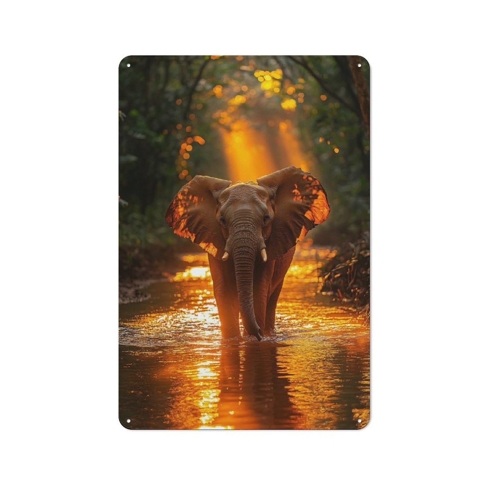 Junmoney Style-18 Elephant In Golden Light Urban Metal Wall Decor 30X20cm, Metal Wall Art Sign For Loft, Studio, Office Or Creative Room
