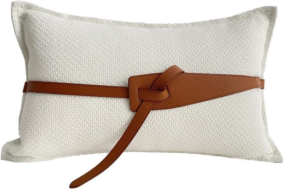 Croker Horse 12x20'' Inches Throw Lumbar Pillow Cushion Covers - Rectangular with PU Leather Belt Couch Sofa Waist Pillow Cover for Living Room Bedroom (Beige)