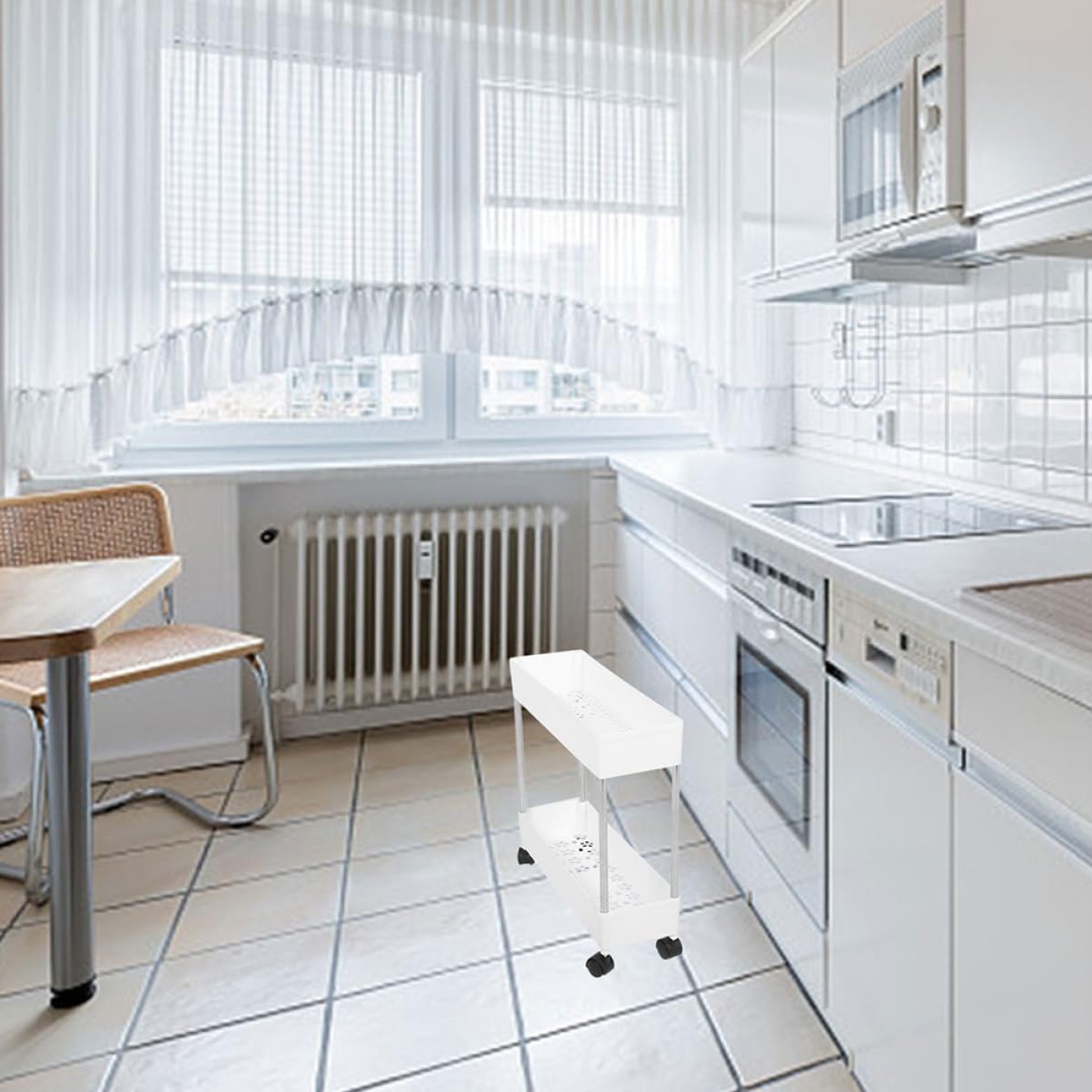 Carrello Portatutto a 3 Livelli Ruote, Struttura in Plastica e Ferro, Salvaspazio per Cucina e Bagno, Bianco