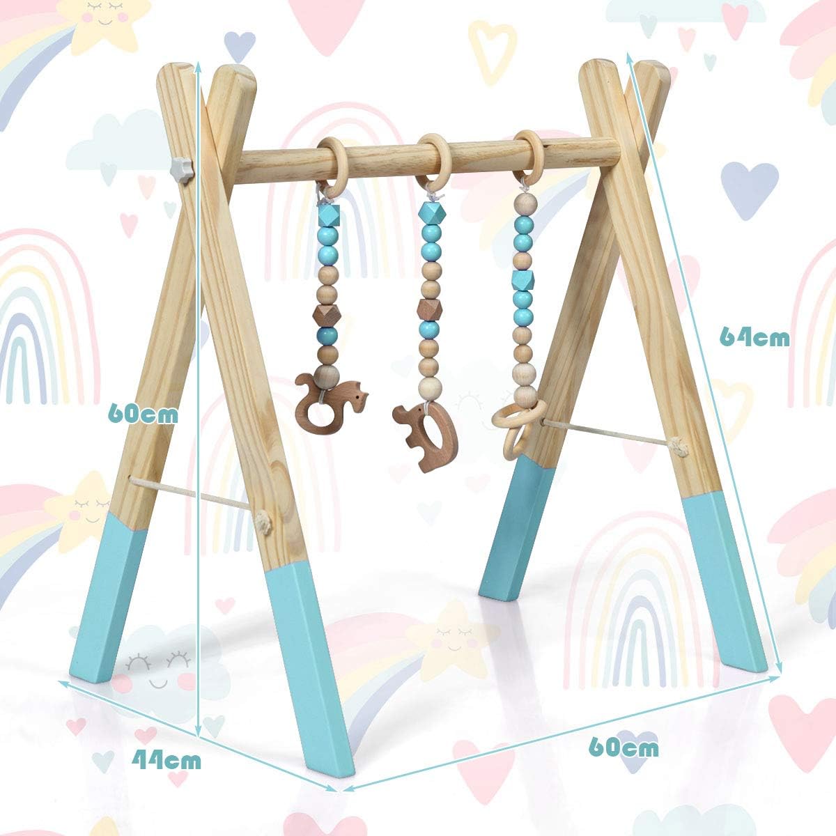 GYMAX Palestrina Legno per Neonati 3+ Mesi Pieghevole, 3 Giocattoli Sensoriali Sospesi, Arco Gioco Giocattolo Attivo per Cameretta, Allenamenti di Corpo, 60 x 44 x 60 cm (Verde)