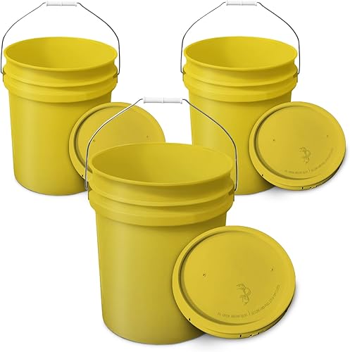 Miniatura 1 de EconoHome Contenedor de cubo amarillo de 5 galones con tapa, asas de metal con agarre de plástico para un fácil transporte, fácil de apilar y