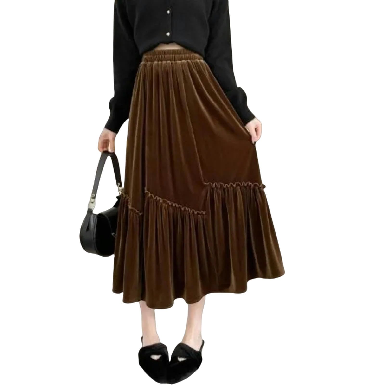 Gonna Lunga Donna Gonna Irregolare Donne Autunno Inverno Office Lady Gonna A metà Lunghezza Gonna A-Line all-Match all-Line-Marrone-s