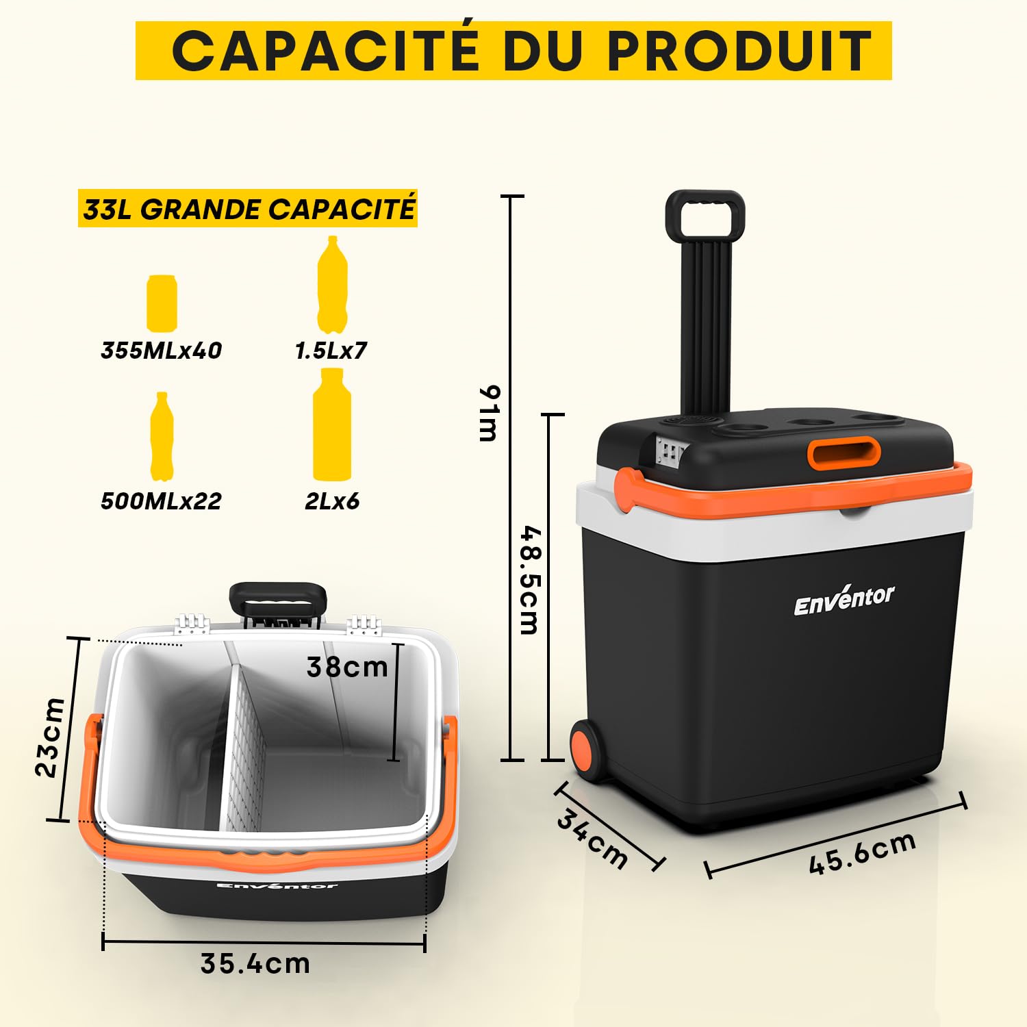 Enventor Glacière électrique 33 Litres, avec roulettes et poignée allongée, Mini Frigo pour garder au chaud et au frais, 12V 230V, mode ECO, réfrigérateur pour Voiture, Camping et Bateau
