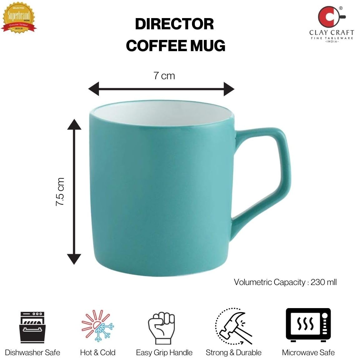 Clay Craft Ceramic Coffee/Tea Mugs - Set of 4, Multicolor, 230ml