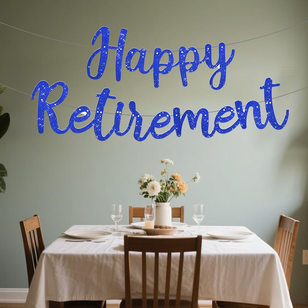 Retirement Decorations, Retirement Banner, Happy Retirements Banner -HSC Blue Glitter Single Banners with Hanging Ribbon & Tool for Men Women, Reusable Party Decor, Indoors Hanging 8.8x10.3cm