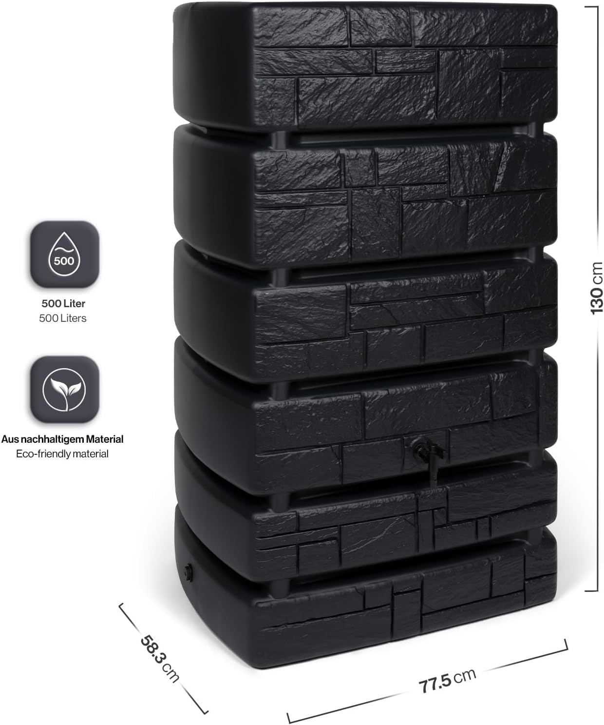 Kreher Tonneau à eau XXL Tower Stone avec robinet, aspect pierre anthracite/gris, volume de 500 l, dimensions (l x p x h) : 77,5 x 58,3 x 130 cm (anthracite)