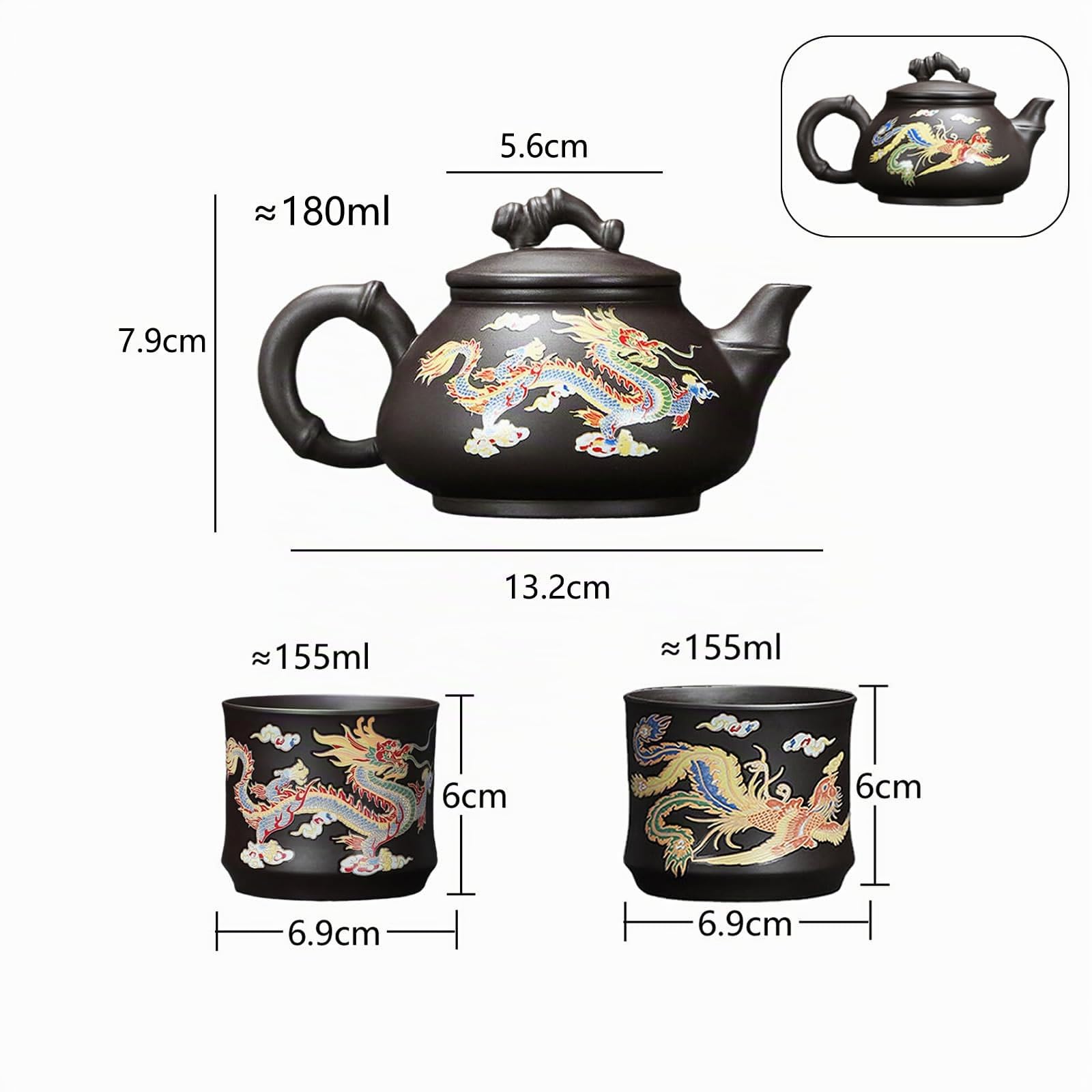 Tetera Dragón y Fénix que cambia de color,Juego de tetera y tazas de barro morado,Juego de té kung fu chino,Cerámica 1 olla 2 tazas,Con posavasos (Dragón Fénix, Con caja de regalo)