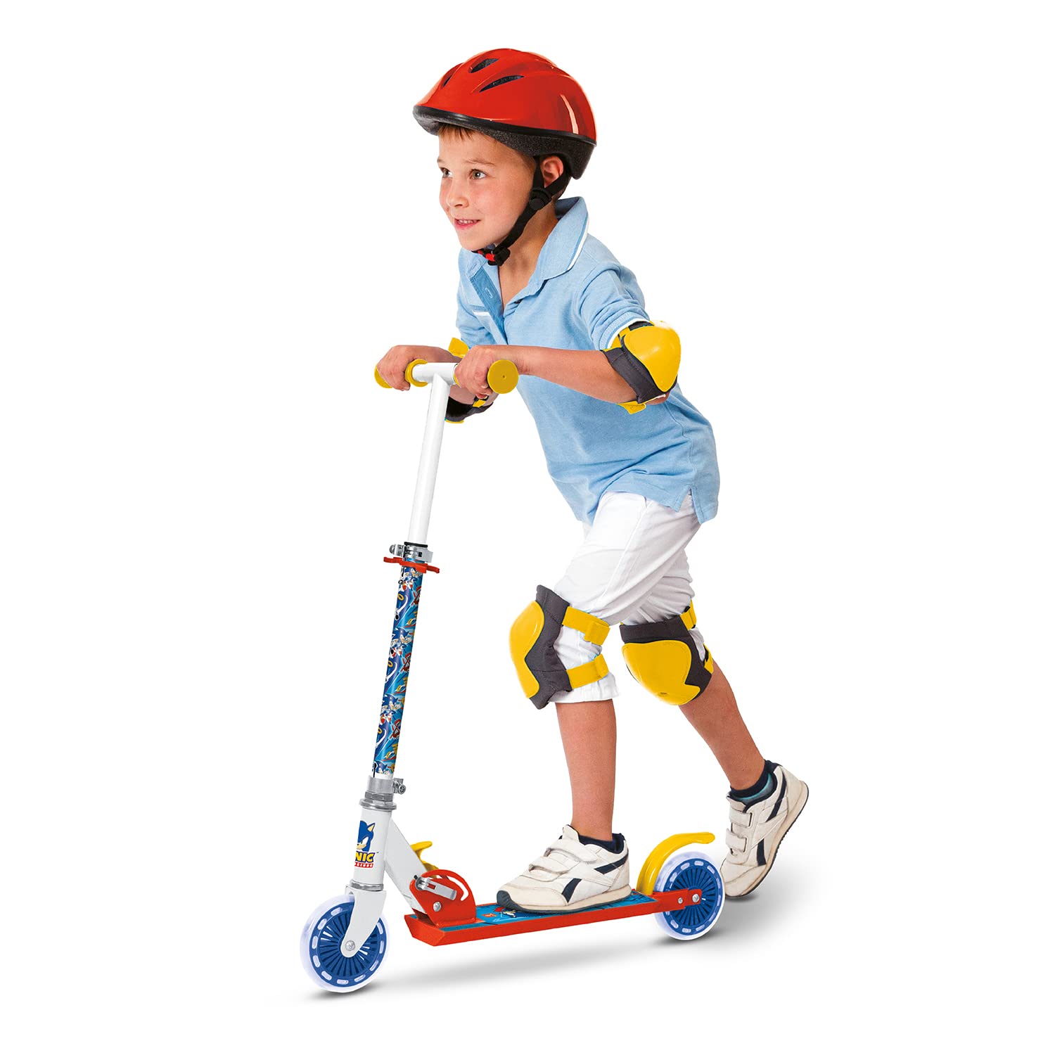 Mondo Toys - SONIC SEGA ALU SCOOTER Monopattino 2 ruote pieghevole in alluminio con pedana extra grip e manubrio regolabile per bambini