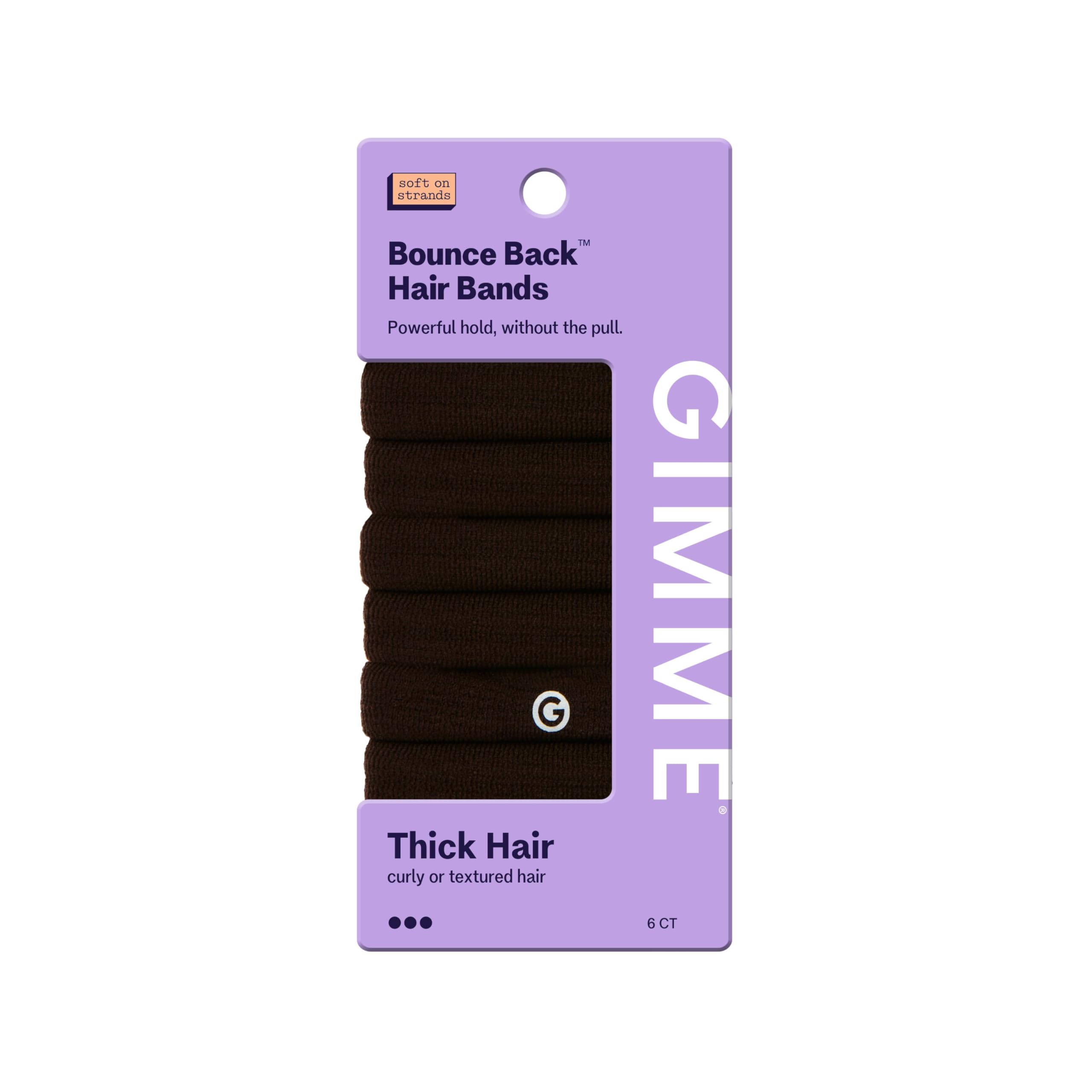 GIMME Beauty Thick Hair Extra Stretch Bands - Patent-Pending Design for Maximum Hold - Premium Ties for Thick & Curly Hair - Sleek & Strong Hold - Dark Brown, 6 Pack