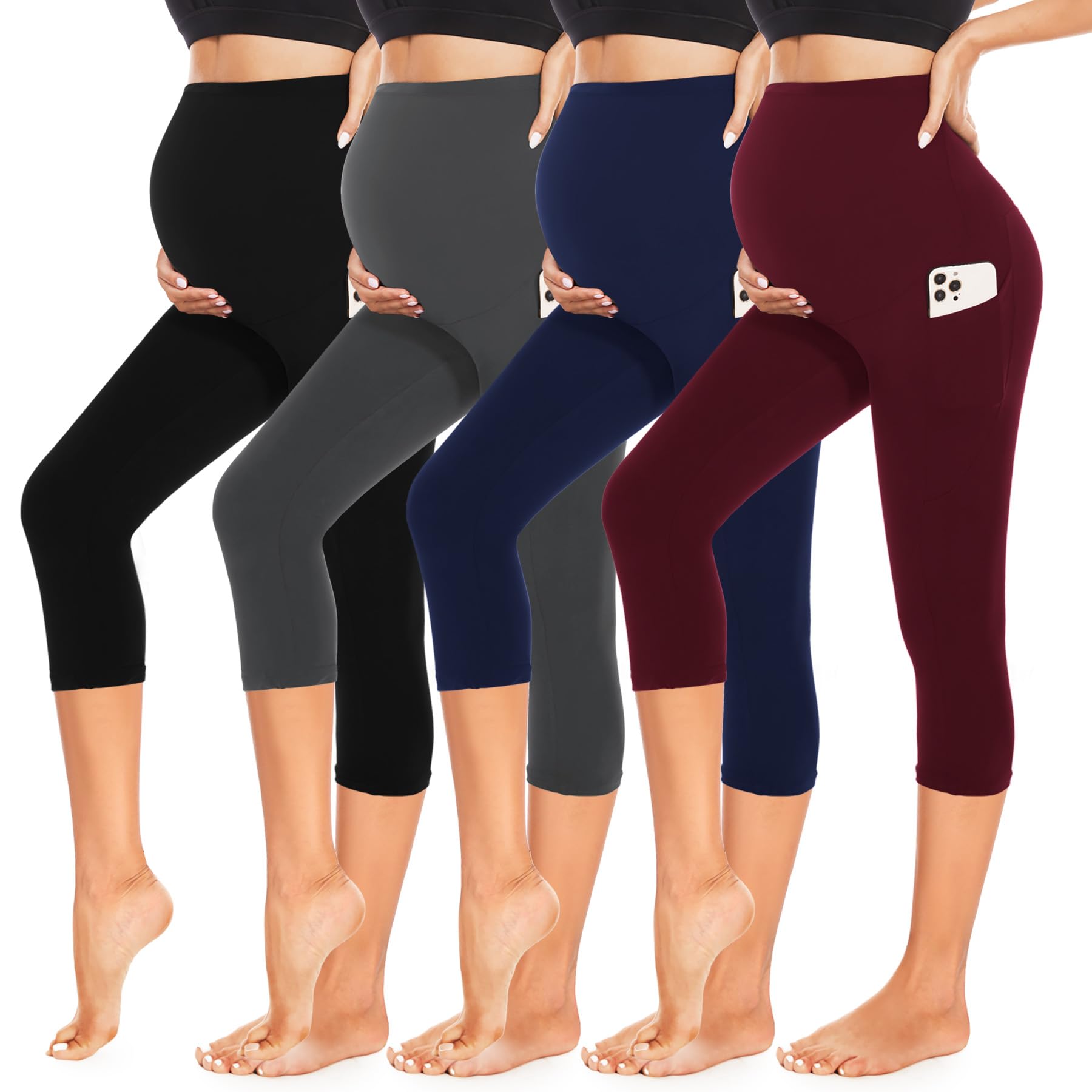 Umstandsleggings für Damen, mit Taschen über dem Bauch, Po, weich, Workout, Schwangerschaft, Yoga, 4 Stück