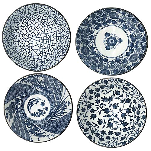 Mose Cafolo ~ Set Of 4, Japanese Style Ceramic Rice Bowl Assorted Designs Traditional Blue And White Pattern Underglazed Dinnerware Ideal For Dessert Snack Cereal Soup In Gift Box #TOP3