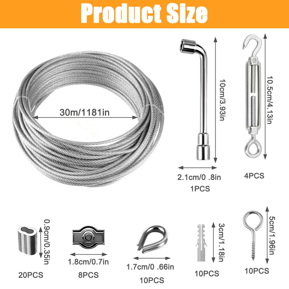 Produktbild von Abiemuce 30m Drahtseil-Set – 3mm Edelstahl 304, Inkl. Spannschloss, Kauschen, Klemmen & Haken – Für Lichterketten, Wäscheleinen, Sonnensegel, Zäune – Rostfrei & Wetterfest