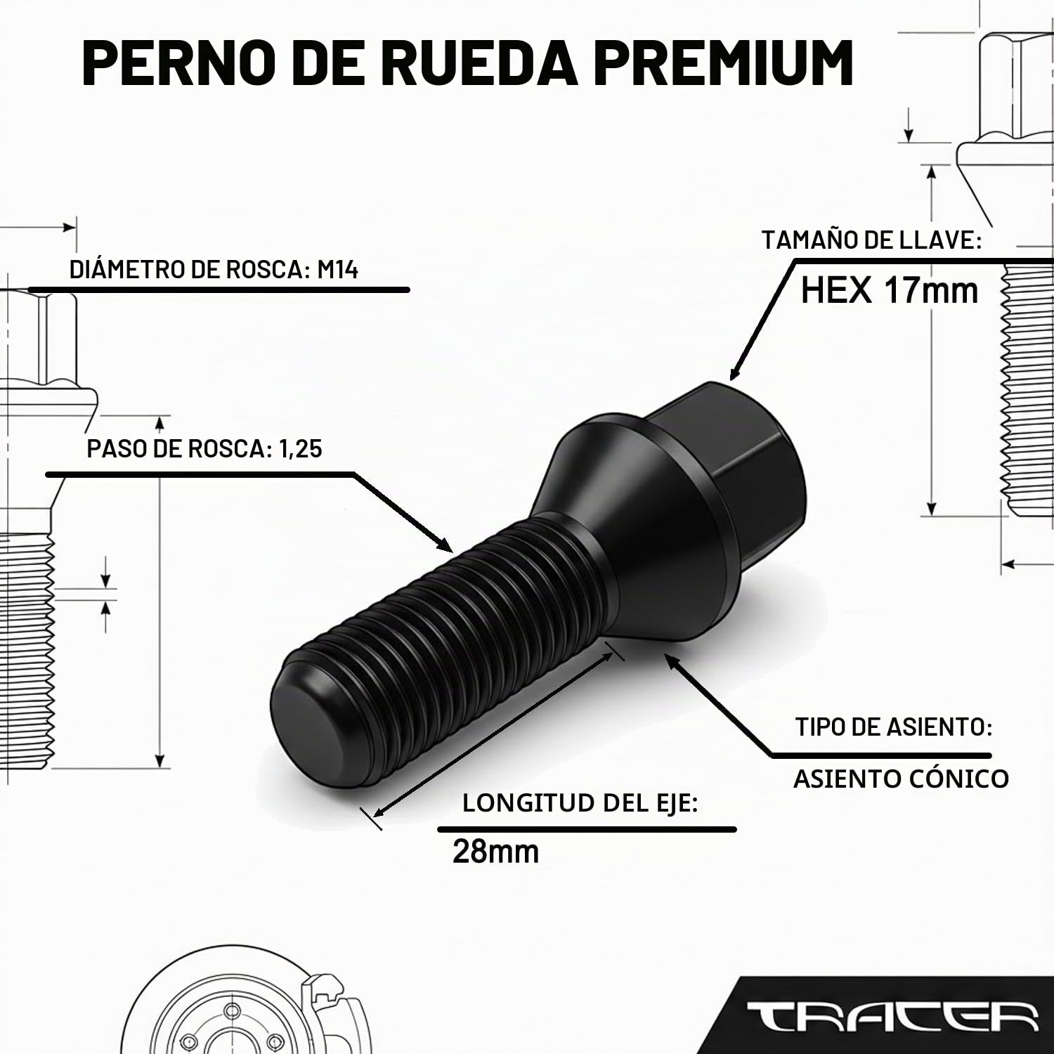 TRACER 20 Pernos de rueda negro Pernos de rueda Cono Cintura M14x1,25 28mm compatible con BMW