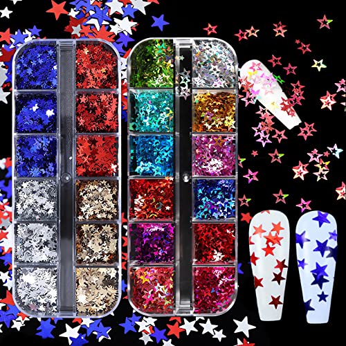 2 Boxes Star Nail Glitters, Red Blue Silver Star Nail Art Glitter Sequins, Mixed Star And Hollow Star Nail Flakes, 4Th Of July Nail Art Decorations #TOP5