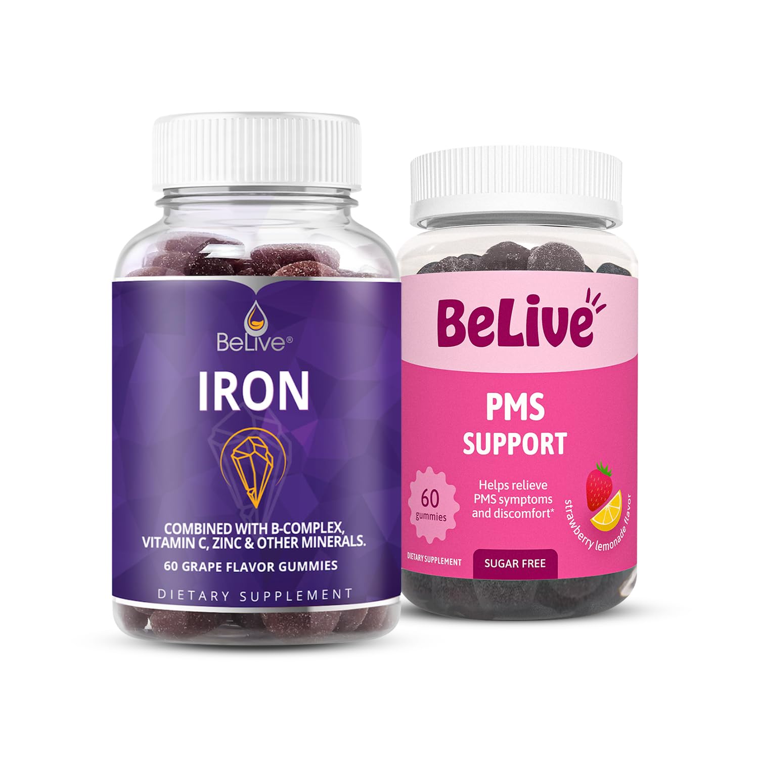 BeLive Wome's Iron and PMS Support Bundle for Red Blood Cell Production, Blood Oxygen and Relieve PMS Symptoms