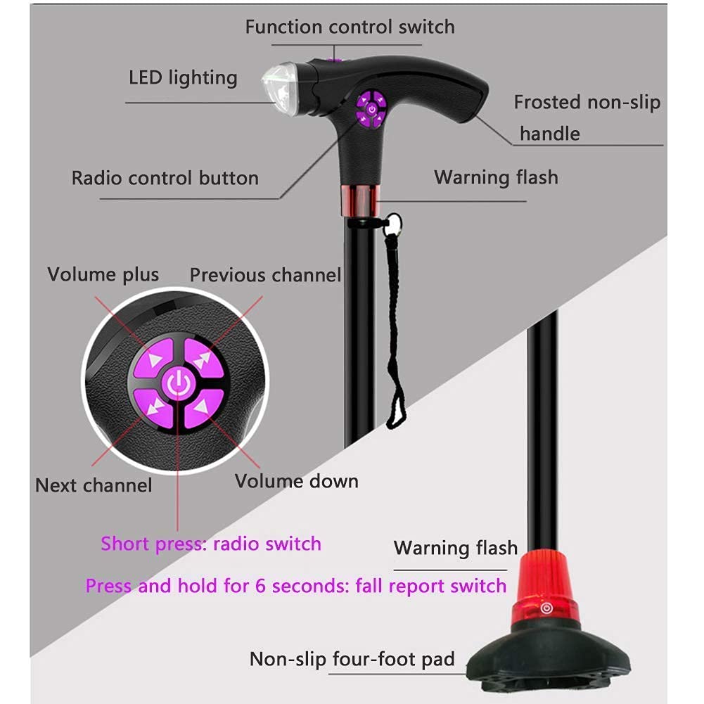 Bastone da passeggio per stampelle per anziani intelligenti multifunzione Bastone da passeggio telescopico con stampelle in alluminio leggero a LED con allarme intelligente regolabile in altezza