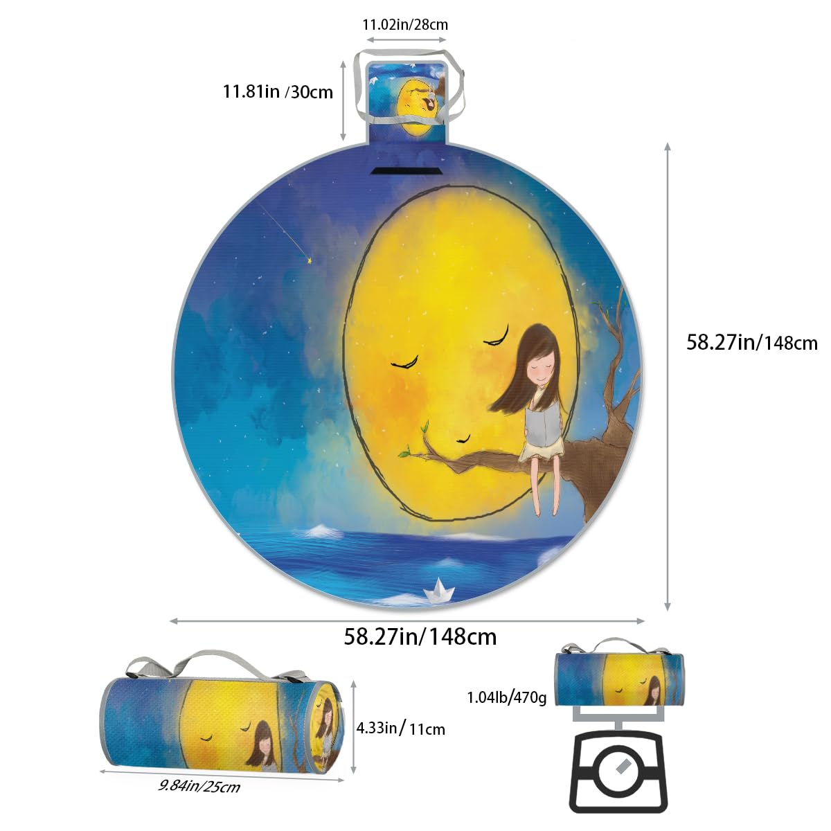 Shimoshe Starry Moon Tree Cartoon Girl Picnic Outdoor Blanket Foldable Waterproof Sandproof Beach Blanket Portable Water-Resistant Round Picnic Mat for Travel Camping Park Lawn