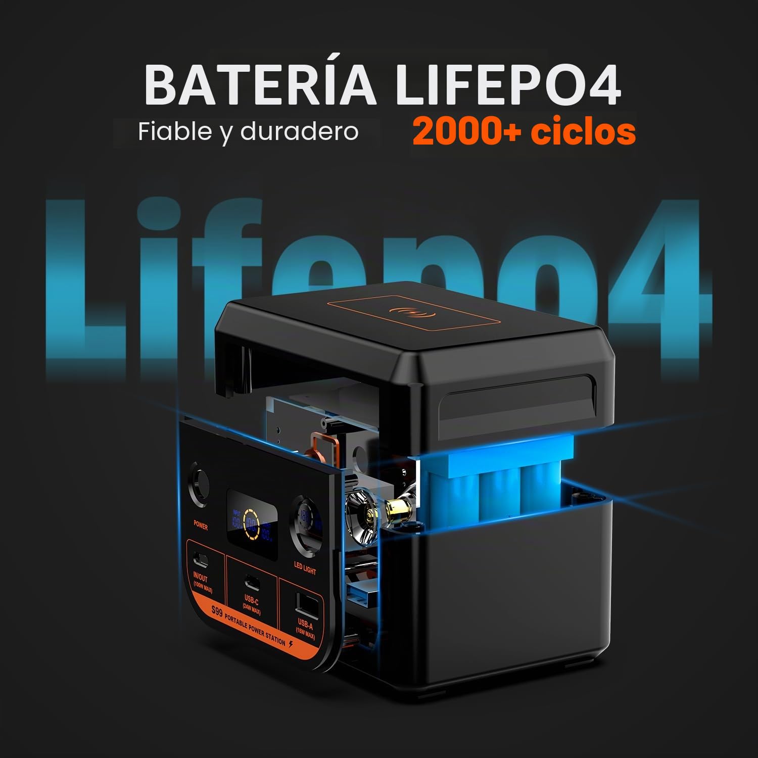 POWKEY LiFePO4 - Estación de alimentación portátil (30000 mAh, 96 Wh, 100 W, luz LED USB-C) | Batería externa para portátil, estación de energía solar, carga rápida USB-C, compatibilidad universal