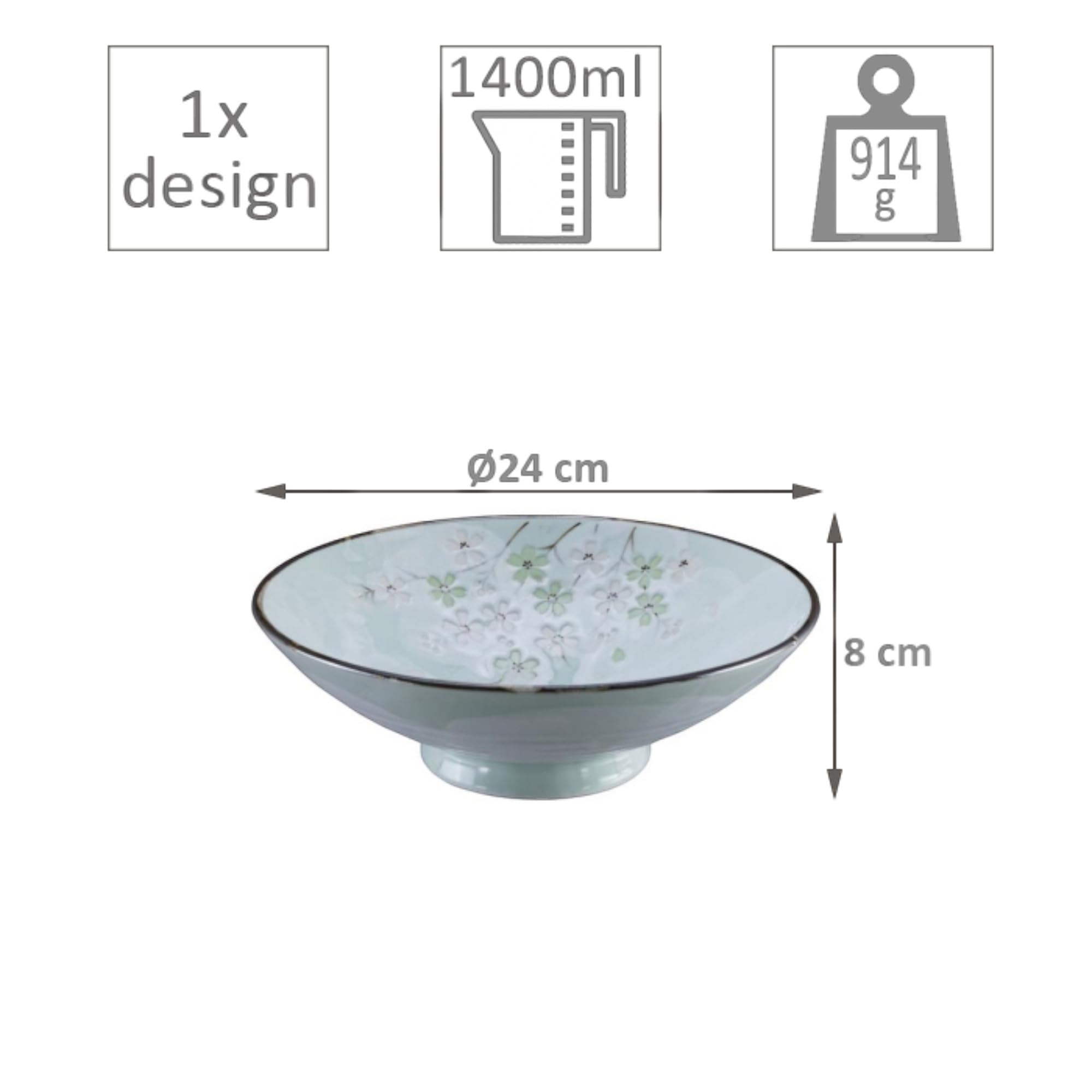Tokyo Japanese Schalen 2er Set, große Suppen- & Ramen-Schalen, asiatische Keramik-Schüsseln mit Blumenmuster, Ø 24 cm, 8 cm hoch, 1400 ml, handgefertigt in Japan, für Nudeln, Pasta & Salate
