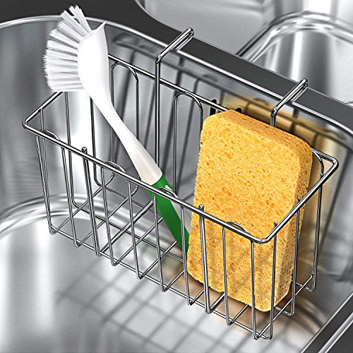 Kitchen Sponge Holder, Tdbest Stainless Steel Sink Caddy Organizer Dishwashing Liquid Drainer Rack with Upgraded Non-scratch Design and Easy to Install Hanging Hook for Dish Brushes, Soap, Scrubbers