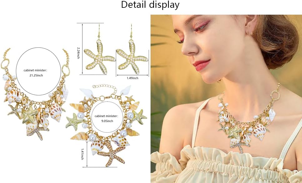 Halawly Shell Necklace Choker Mermaid Tail Necklace - Fashion Sea Shell Starfish Faux Pearl Collar Bib Statement Chunky Necklace Pendant - Image 8