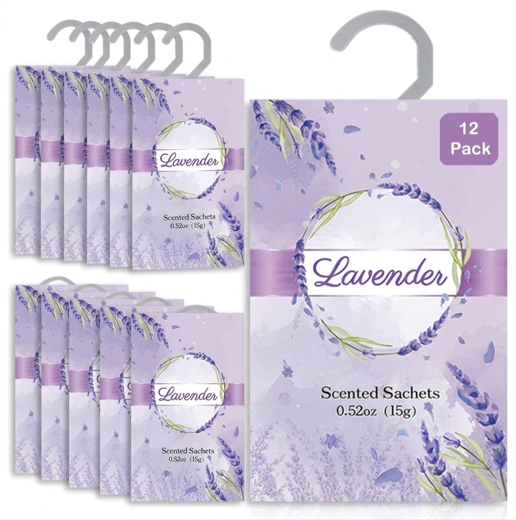 Lavendelduftbeutel zum Aufhängen, für Schubladen und Schränke mit einziehbarem Haken, langanhaltender Schrank-Lufterfrischer und Schrank-Deodorierer, Schrankduft (Lavendel), 12 Packungen