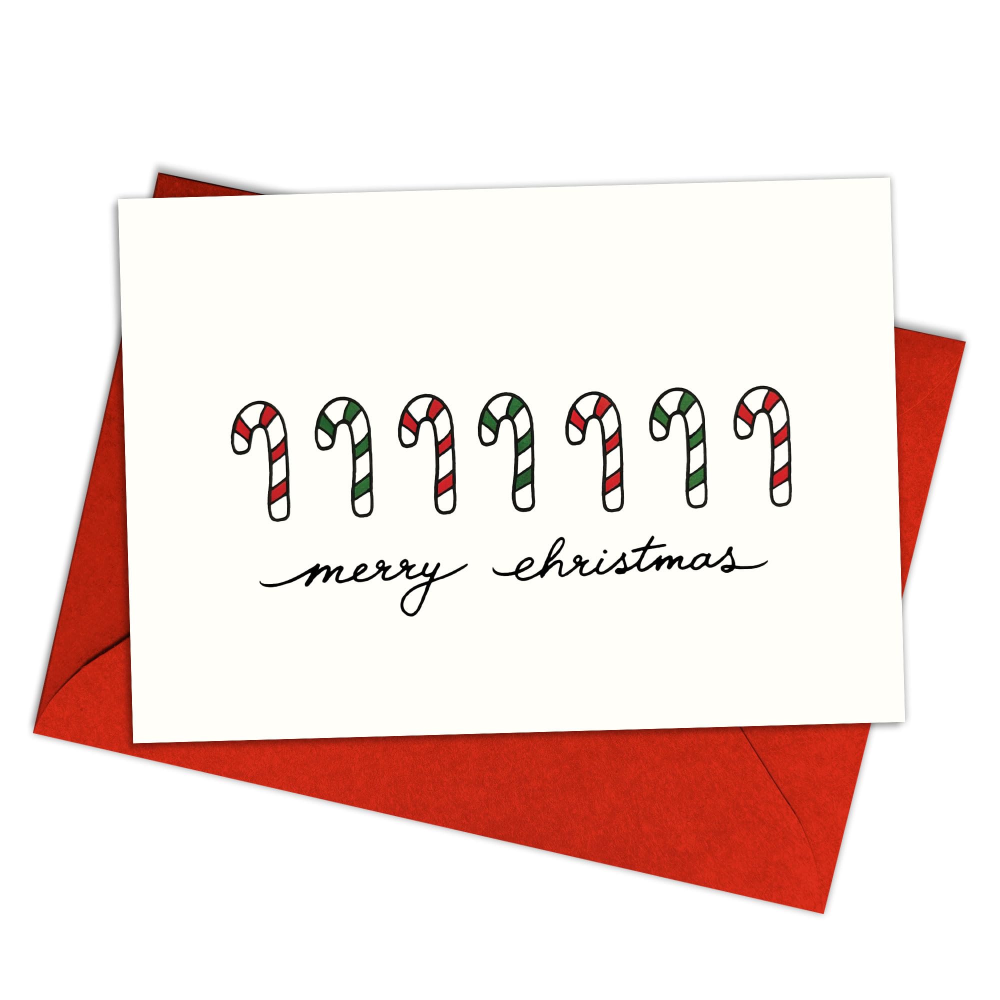 Photo 1 of (5.3x8in) Merry Christmas Greeting Card, Minimalist Candy Cane Design with Handwritten Script, Simple Holiday Stationery in Red and Green Theme, Modern Clean Style, Includes Red Envelope (Xmas 7)