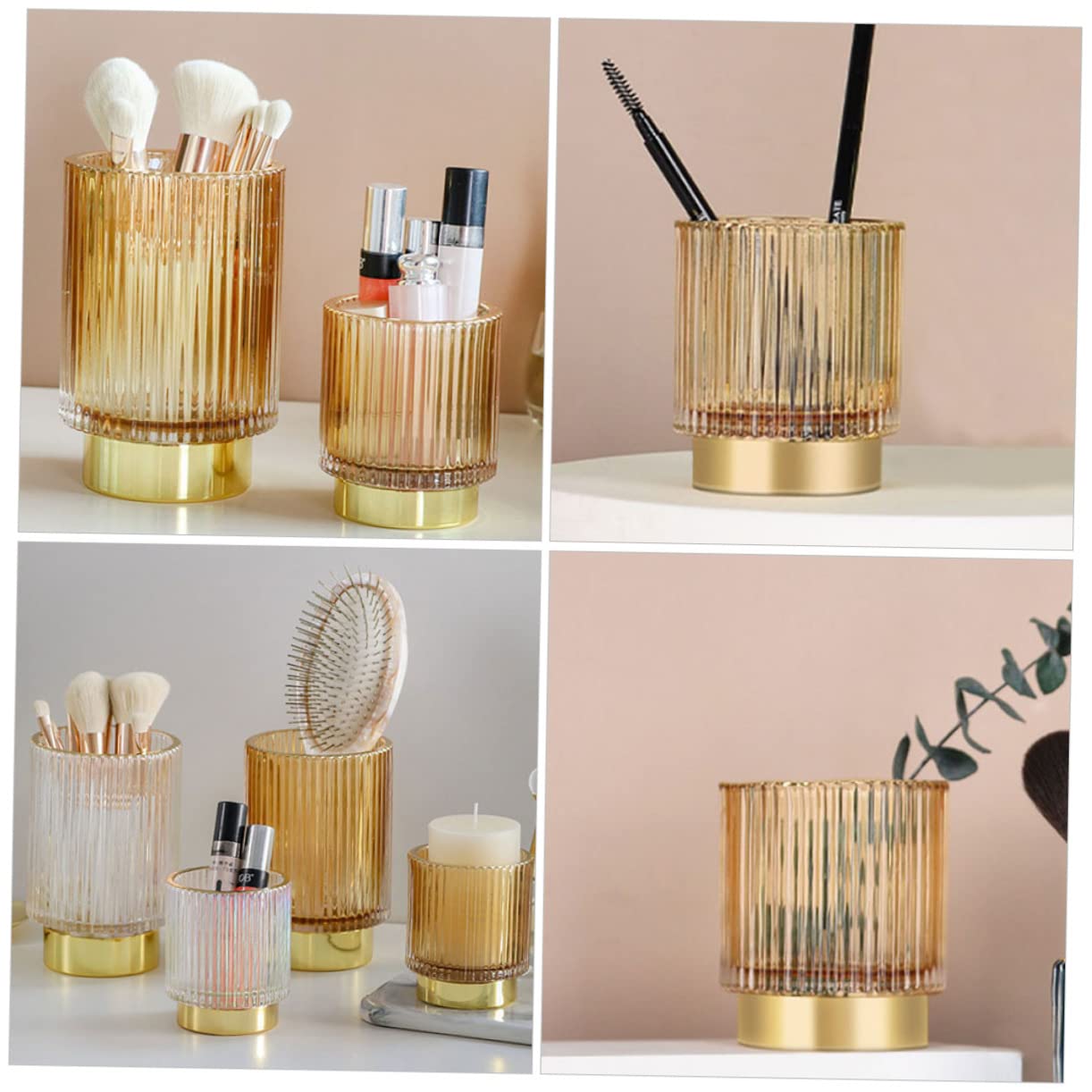 Boîte à Pinceaux de Maquillage en Verre Épaissi, Bord Doré