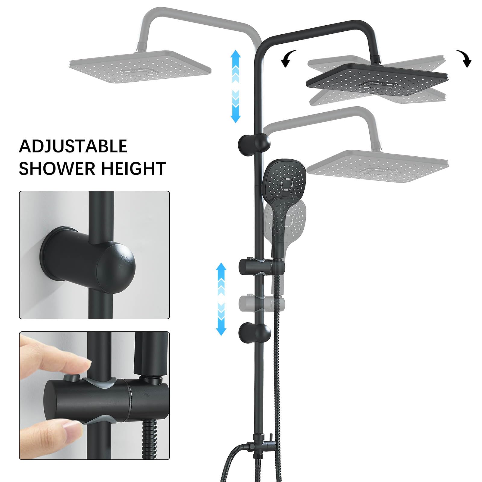 Colonna doccia fissa - Set doccia a pioggia rettangolare 29 x 19 cm nero - Kit completo con soffione a mano e pannello a pioggia - Acciaio inossidabile e ottone