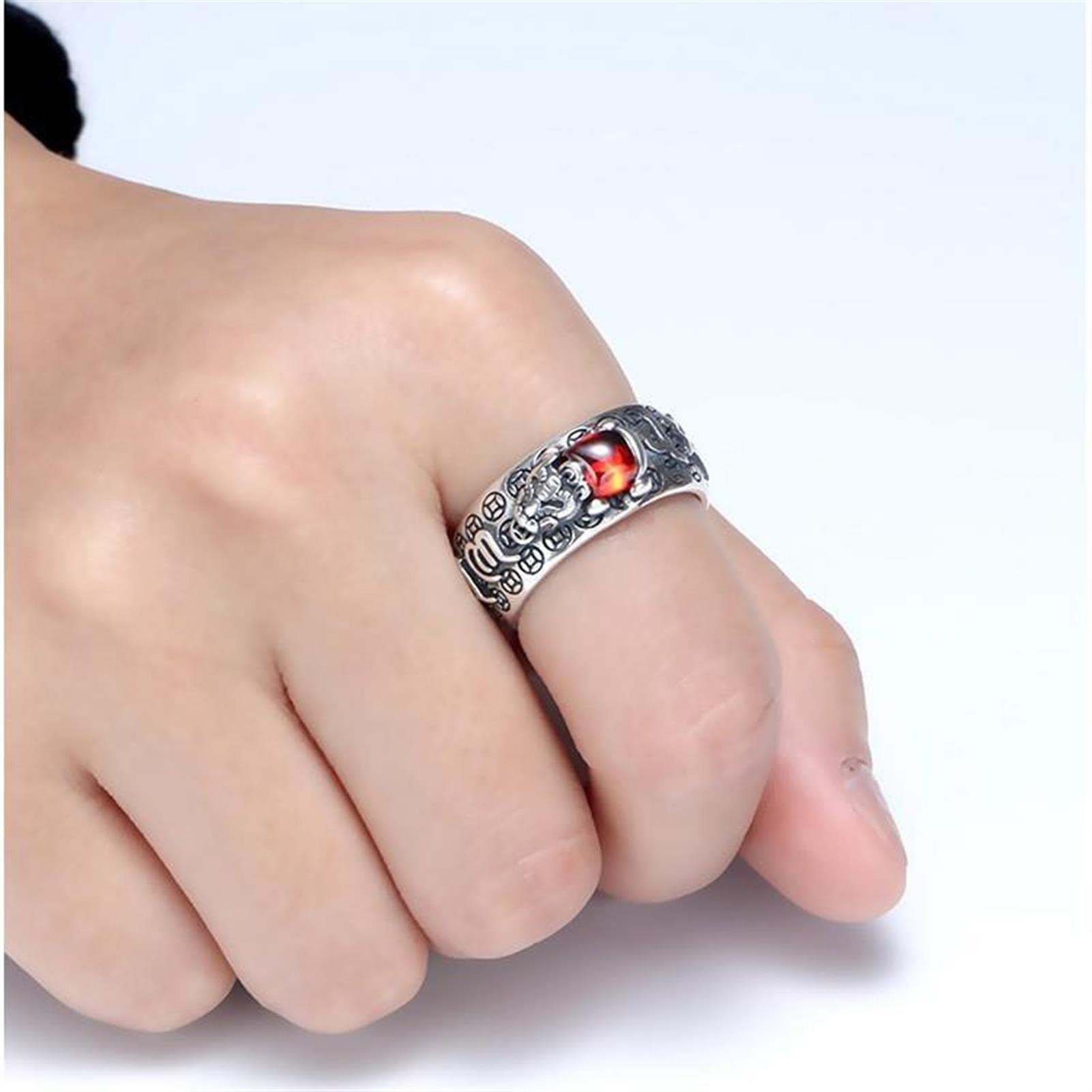 Chiński Pierścień Szczęścia Feng Shui ， Pierścień Feng Shui Pixiu Mantra 99 Srebrny Buddyjski Amulet Szczęścia Mantra Podwójna Ochrona Bogactwo Miłość Zdrowie Pierścień Prezent dla Mężczyzn Kobiet