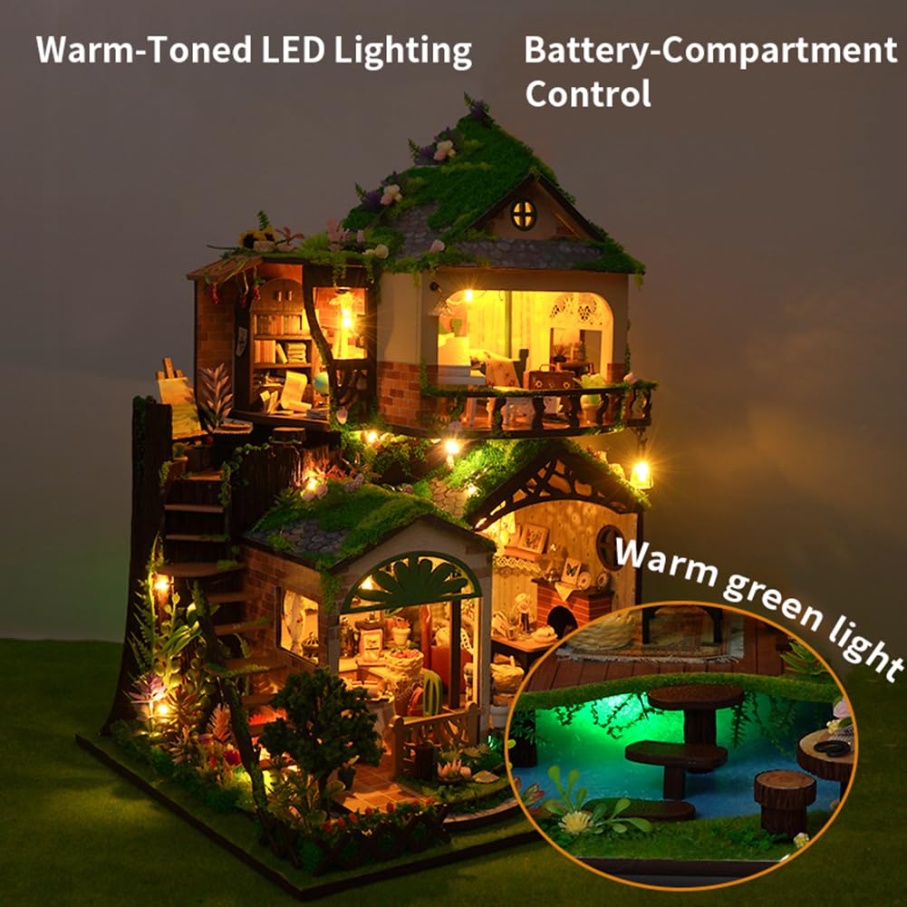 DIY-Puppenhäuser, 3D-Zimmerpuzzle & Buchstütze， DIY Puppenhaus Kit mit LED-Beleuchtung – Kreativset zur Regaldekoration (Mit Staubschutzhülle)