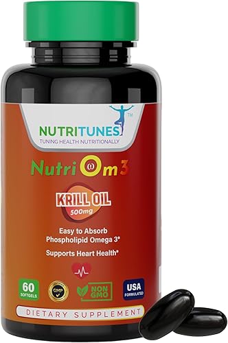 NutriOm3-500mg Aceite de Krill Antártico Omega 3 Suplemento para la salud cardiovascular - Suplemento cardíaco de fácil absorción con omega-3, EPA,