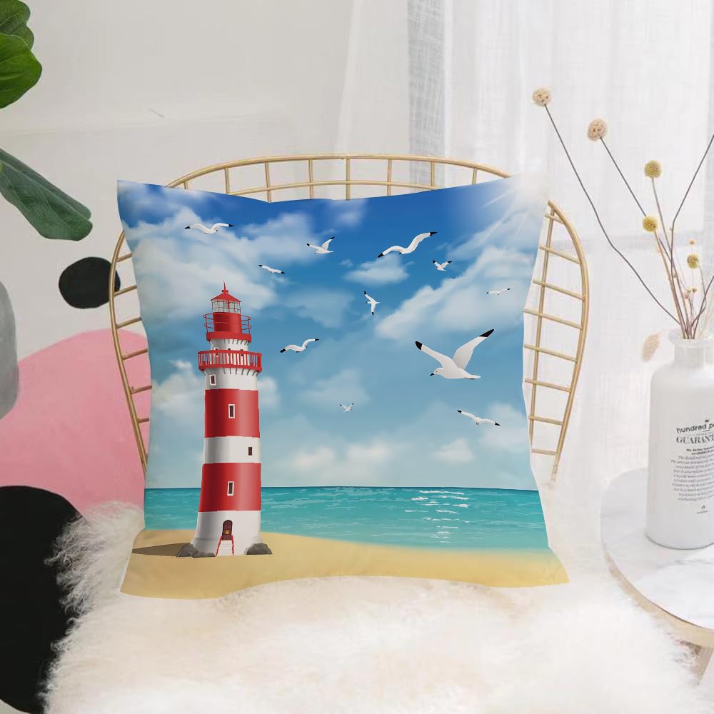 Hyosxw Realistic Lighthouse On The Beach With Seagu - A1 Cushion Cover,Throw Pillow Case Home Decorative For Living Room Bedroom Sofa Chair 18X18 Inch,Realistic Lighthouse On The Beach With Seagulls And Ocean On Background Vector,Pillowcase 45X45cm