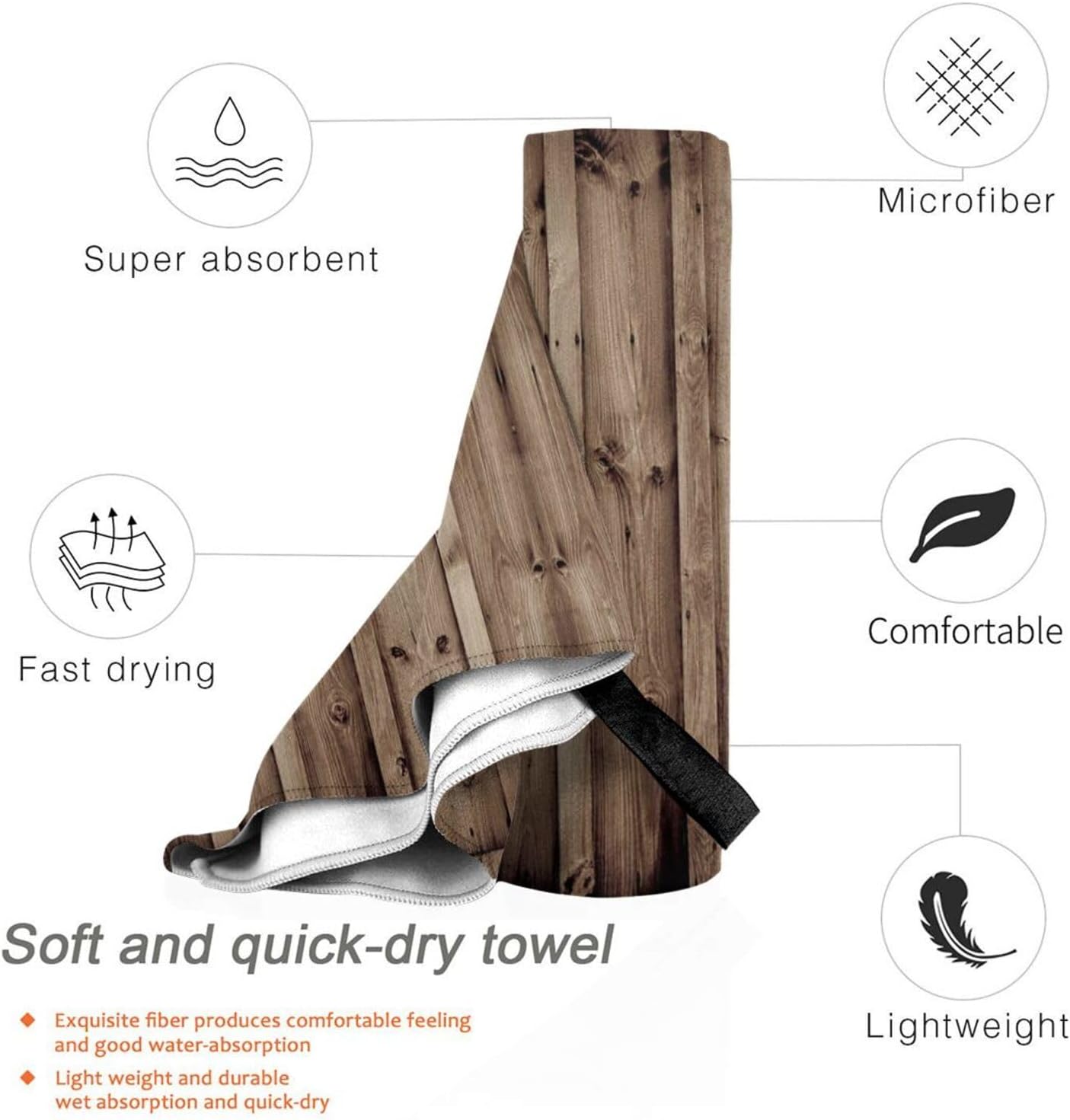 Wood Grain Print Quick Dry Towel with Hanging Loop and Storage Bag for Travel, Gym, Camping