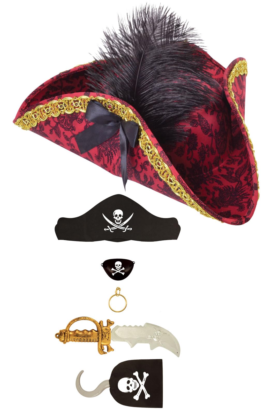 labreeze Red Pirate Hat and 5-Piece Accessories Set for Adults - Complete Pirate Costume Kit for Men and Women